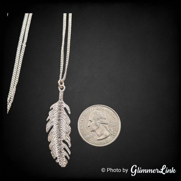 Large Delicate Rhinestone Feather Silver Tone Pendant Necklace - Picture 8 of 13